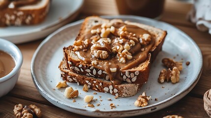 Toast with a lovely nuts sauce topper dessert topped with a lovely nut butter