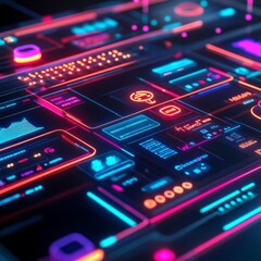 Obraz premium Software UI scalability platforms, neon data flows, holographic dashboard views