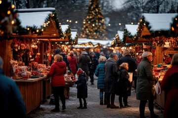 Naklejka premium A vibrant Christmas market scene featuring wooden stalls adorned with festive lights, and diverse shoppers browsing and enjoying the holiday atmosphere amid snowy streets.