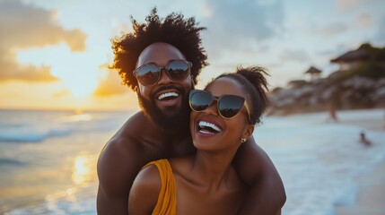Fototapeta premium A joyful couple enjoys a sunset on the beach, sharing laughter and affection during a summer getaway