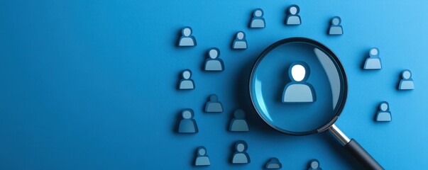 A magnifying glass focuses on a person icon among multiple user icons, symbolizing analysis, research, and identity.
