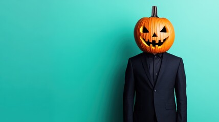 A man in a suit with a carved pumpkin head stands against a turquoise background, blending elegance with Halloween fun.