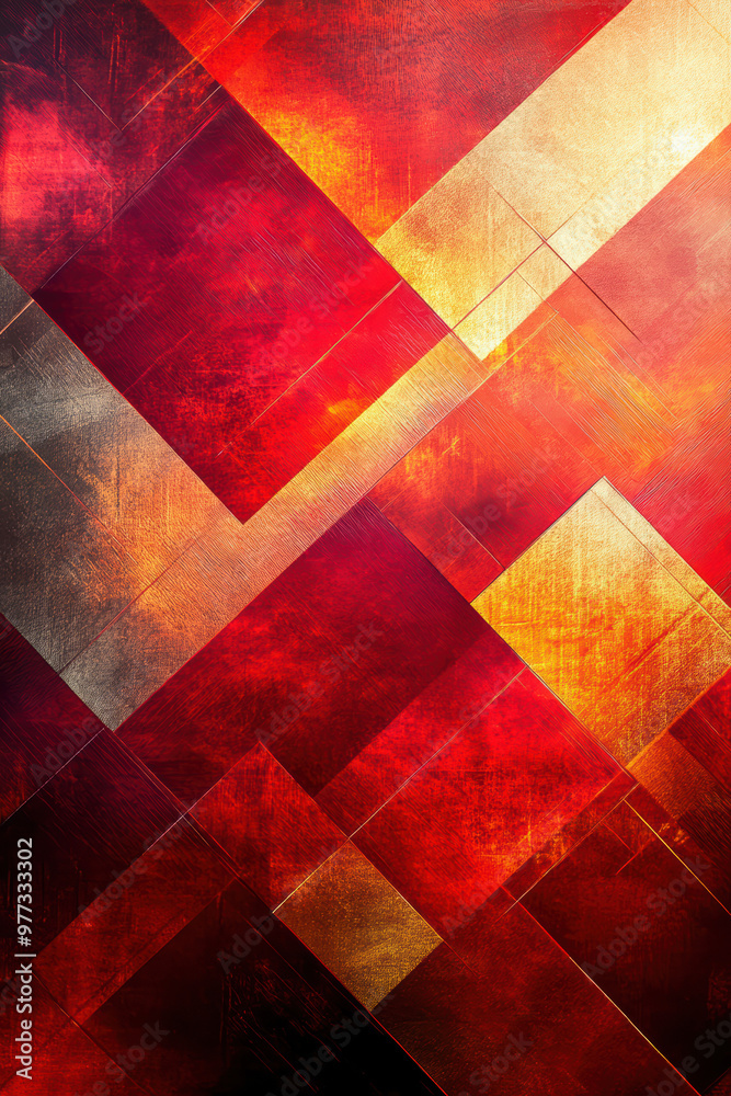 Poster abstract geometric background with vibrant reds and yellows, featuring intersecting lines and textur