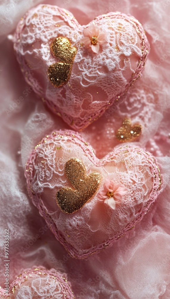 Sticker Decorative pink heart-shaped ornaments with lace and glitter.