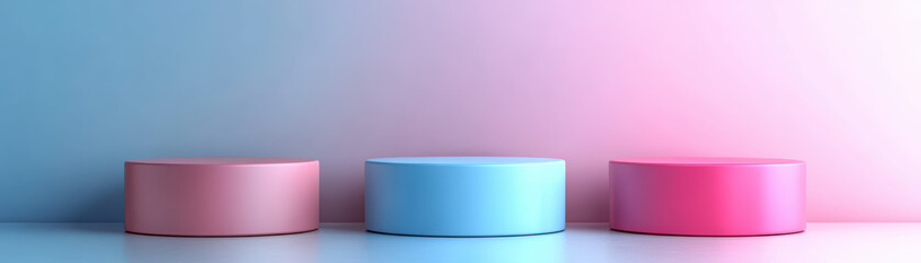 Three pastel-colored podiums with a gradient background. Ideal for showcasing products or abstract presentations in a minimalist design.