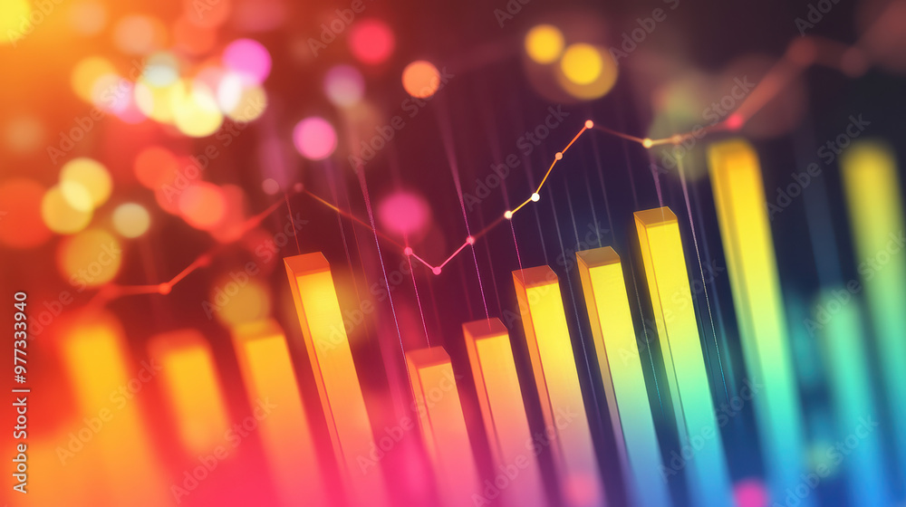 Poster colorful bar graph with line graph overlay and bokeh lights, representing data analytics and busines