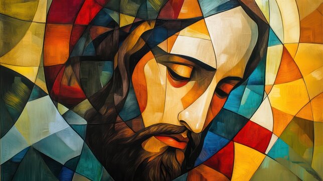 Jesus Christ in abstract art forms, where His figure is depicted through bold shapes and colors, offering a modern interpretation of His image.