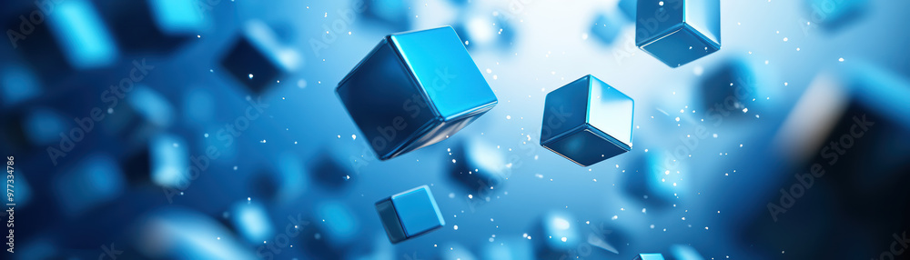 Poster abstract cubes in blue tones floating against a gradient background with sparkling particles, creati
