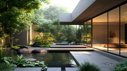 Fototapeta premium Poolside lounge captured with modern minimalist furniture in beautiful and refined images