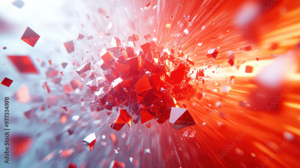 Poster dynamic explosion of red geometric shapes creating a vibrant abstract background with intense light 