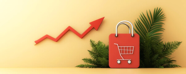 Ecommerce sales growth graph, upward trend, business success metrics, 3D illustration