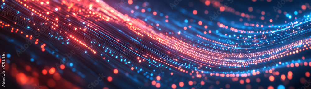 Poster abstract image of red and blue light particles flowing in waves, creating a dynamic, futuristic digi