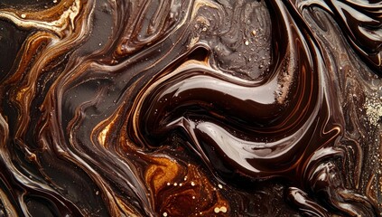 Close-up of chocolate swirls in liquid form, showcasing the rich texture and color of dark chocolate. The swirling patterns create an abstract background that evokes feelings of indulgence and temptin