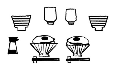 2人分の目玉焼きのせご飯と味噌汁とお茶と醤油のイラスト(黒)