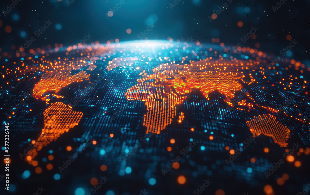 Poster a glowing digital world map in blue and orange tones representing global connectivity, technology, a
