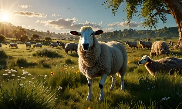 A herd of sheep foraging in a meadow