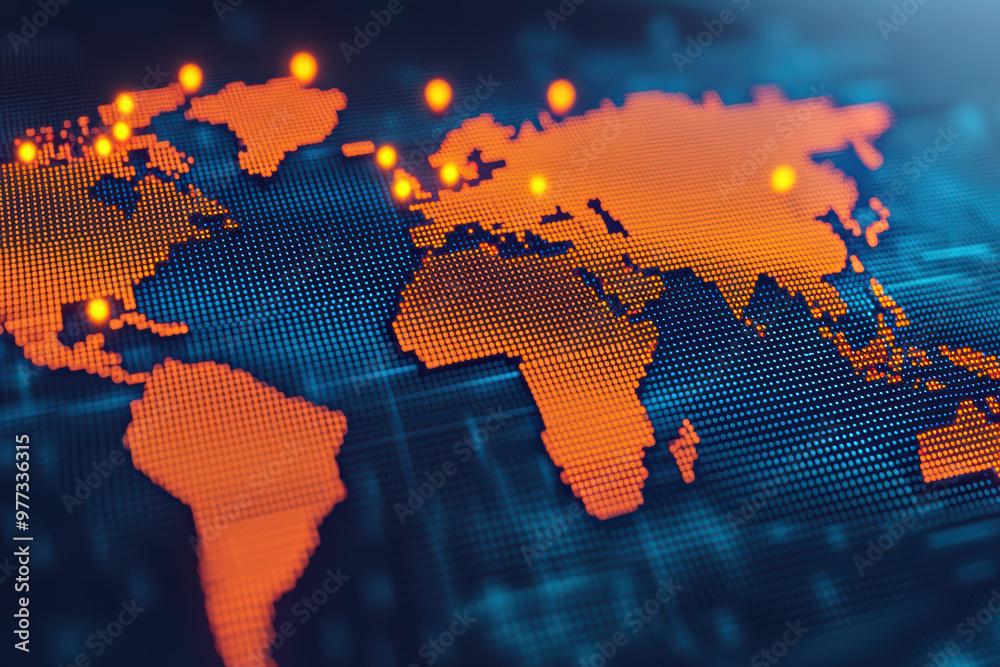 Poster digital world map with orange highlights and glowing points, representing global connectivity and te