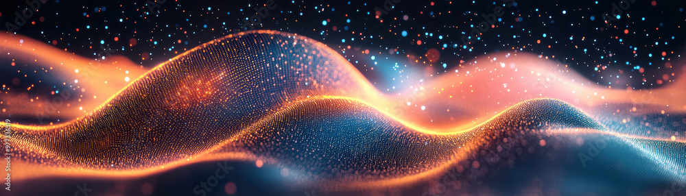Poster vibrant abstract waves of light and color, creating a dynamic and futuristic scene with glowing part