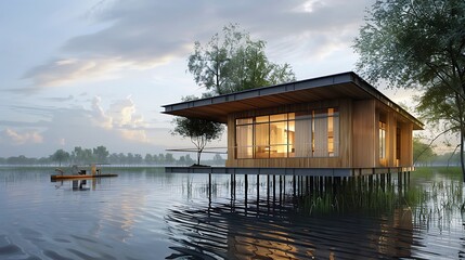 Fototapeta premium Floating house on stilts in flood-prone area, adaptation architecture: A resilient, floating house stands on stilts above rising waters, exemplifying adaptive architecture designed for flood-prone 