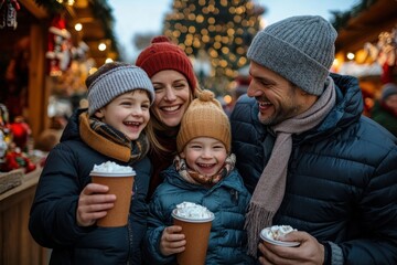 A joyous family of four, dressed warmly, enjoying festive drinks amidst a vibrant holiday market, capturing happiness and family bonds in the lively festive setting.