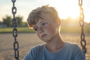 A boy sitting alone on a swing looking thoughtful