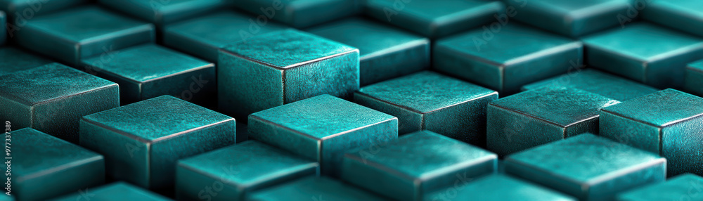 Poster close-up of teal metallic cubes forming a geometric pattern. modern abstract background with depth a