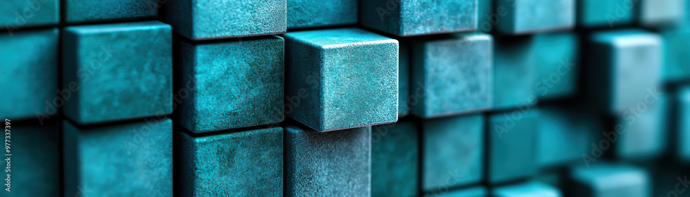 Poster abstract image of blue cubic blocks. one cube stands out from the even pattern, creating a visually 