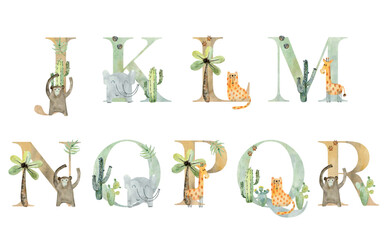 Watercolor animals letters.