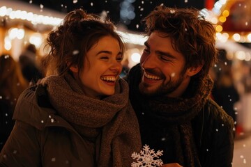 A happy couple dressed warmly, laughing and sharing a joyful moment under gently falling snow at a beautifully lit holiday market, exuding warmth and connection.