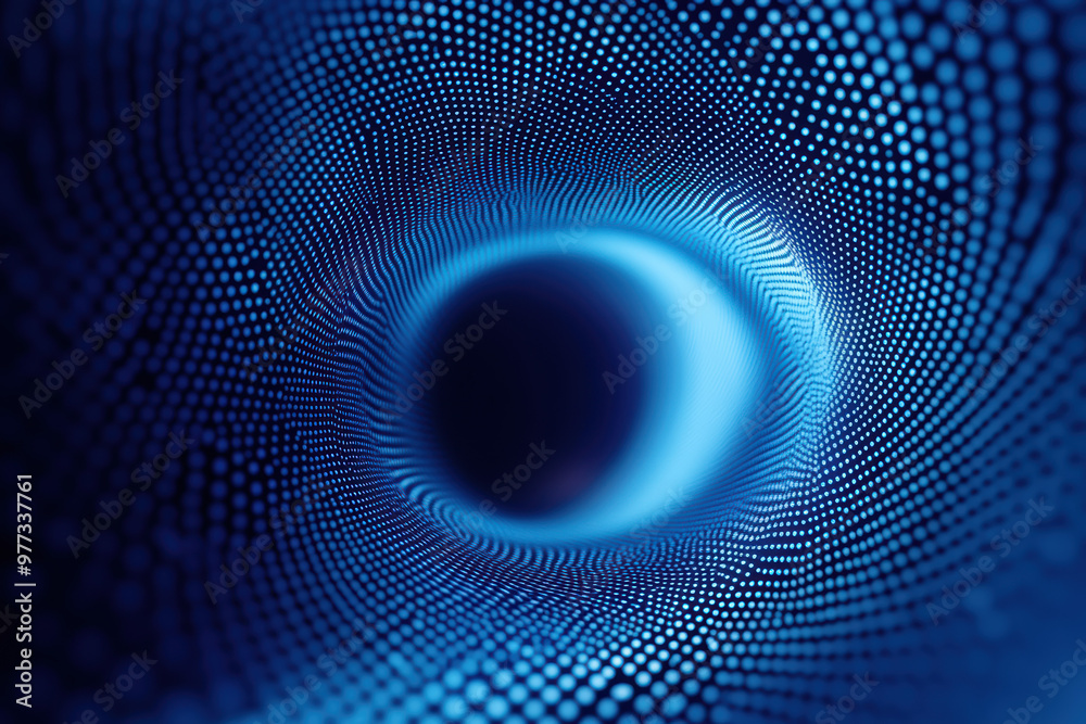 Poster abstract blue vortex composed of numerous tiny dots, creating a mesmerizing swirling pattern with an