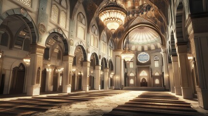 Fototapeta premium Interior View of Mosque with Geometric Patterns, Chandeliers, and Prayer Mats