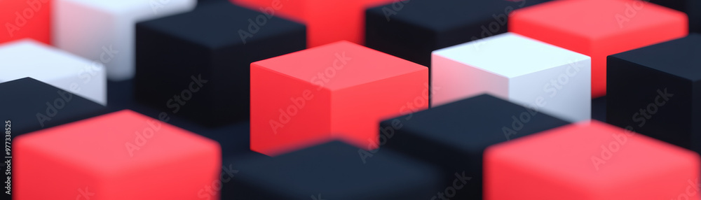 Poster abstract image of red, black, and white cubes arranged in a pattern, creating a striking visual effe