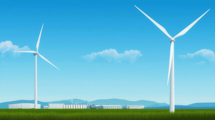 Fototapeta premium Wind turbines near industrial facilities, green logistics, flat design illustration