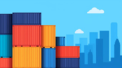 Carbon-neutral shipping container yard, industrial sustainability, flat design illustration