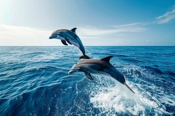 Fototapeta premium Two dolphins leap gracefully above the shimmering ocean waves. The bright blue sky complements their playful jump. This is a joyful and vibrant marine scene. Generative AI