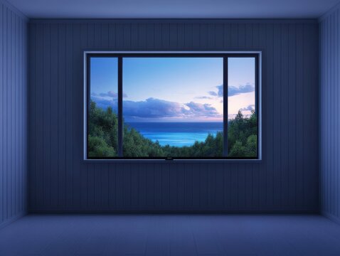 Fototapeta A serene view of a colorful sunset over the ocean seen through a large window in a modern interior space.