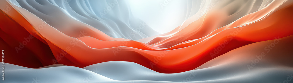 Poster abstract red and white wavy pattern creating a surreal landscape with flowing lines and soft gradien