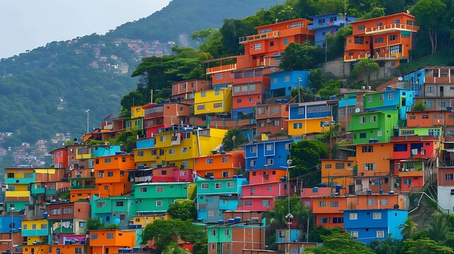 Colorful favela houses stacked on hillside, Rio de Janeiro: A vibrant cluster of favela houses climbs up the steep hillside of Rio de Janeiro, their bright colors and close-knit structures creating 
