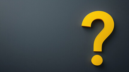 Minimalist image featuring a large yellow question mark on a dark grey background, symbolizing inquiry, curiosity, and uncertainty.