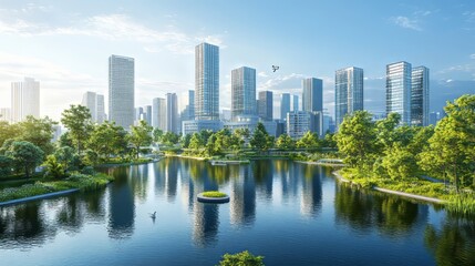 Modern Cityscape with Reflective Pond. generative ai illustration.
