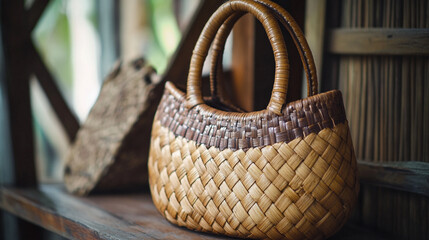 Woven straw handbag displayed on a rustic wooden shelf in a tranquil indoor setting