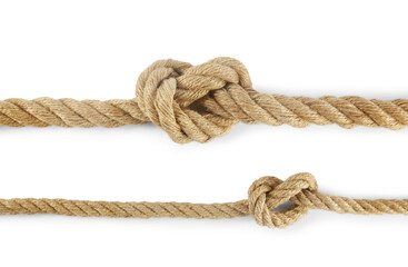 Hemp ropes with knots isolated on white, top view