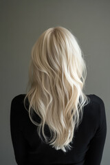 Fototapeta premium Woman with long, wavy blonde hair in black sweater, facing away against plain background. Blonde hair concept for fashion and beauty graphy.