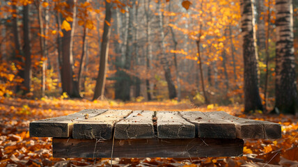 Rustic wooden podium front view focus with autumn