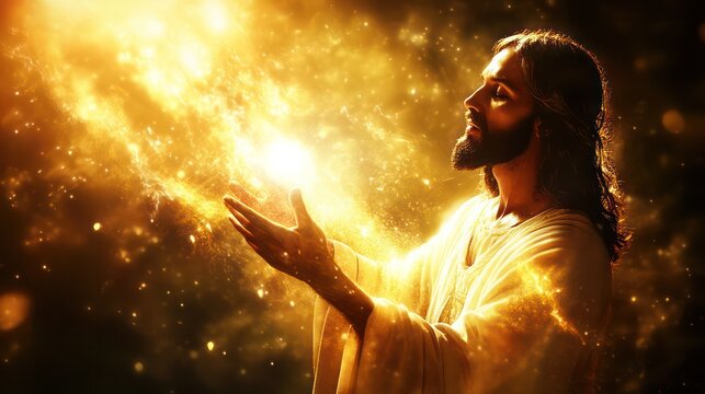 Religious Jesus Christ art, showcasing Him performing miracles with glowing light, symbolizing His divine power.