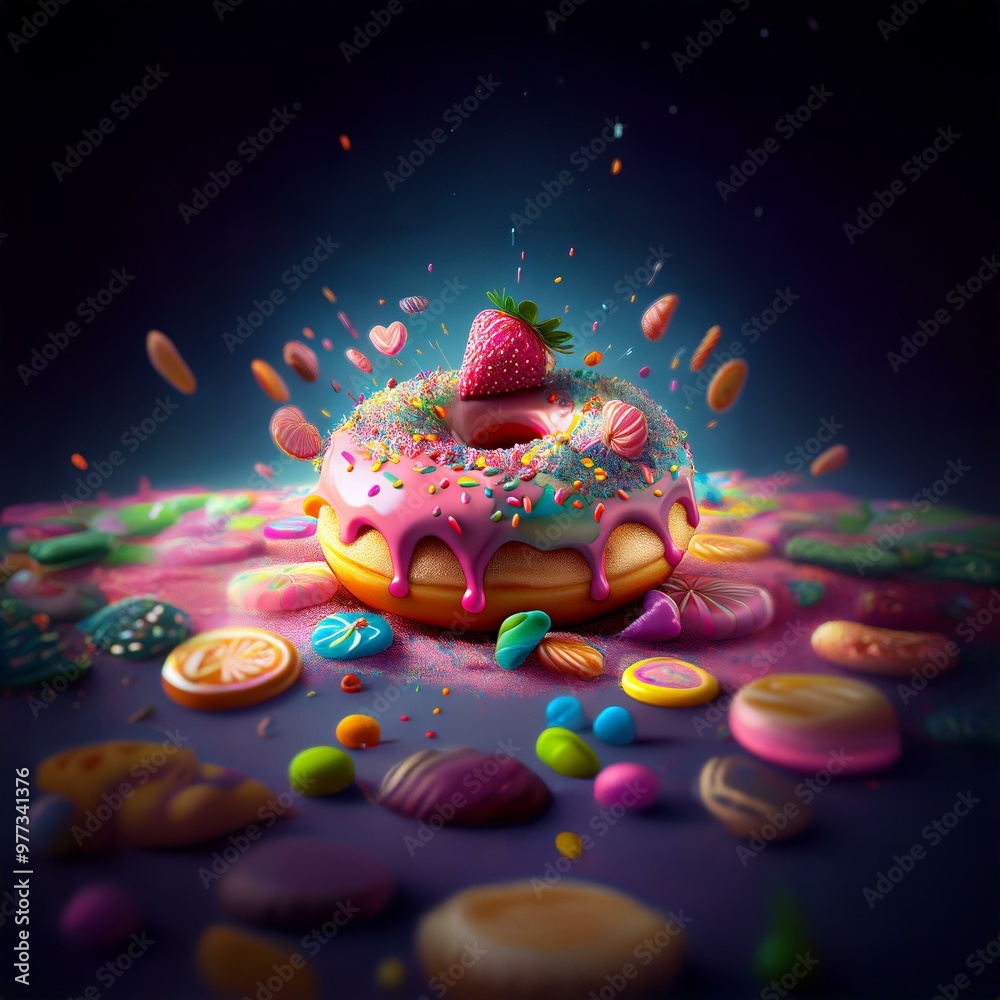 Poster a glazed donut topped with sprinkles and a strawberry is surrounded by a scattering of colorful cand