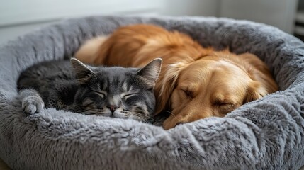 Cat and Dog in a Pet Bed: A cat and dog cuddled up in a plush pet bed, enjoying a peaceful nap.
