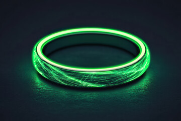 A neon green glowing ring on a dark surface, illuminated with intricate patterns and emitting an ambient light, creating a futuristic and mysterious atmosphere.