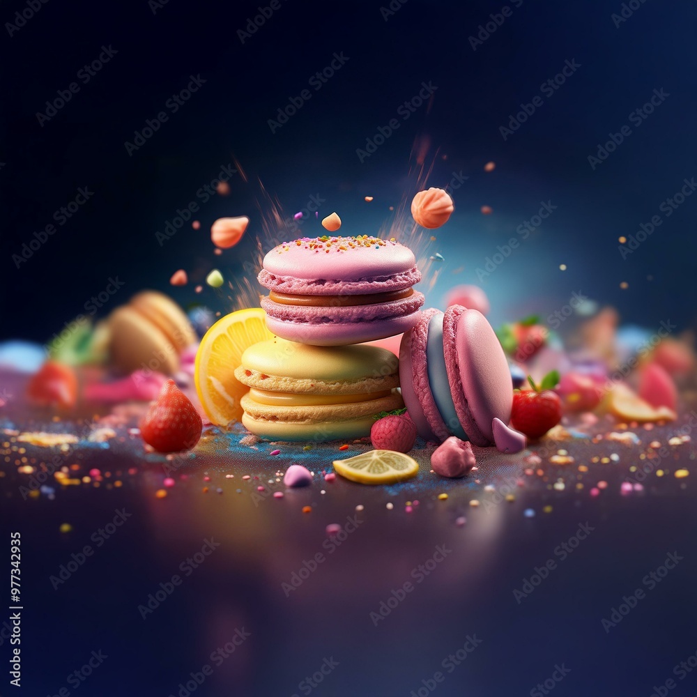 Poster A stack of macarons with a pink and yellow color scheme with lemons and strawberries on a dark background.