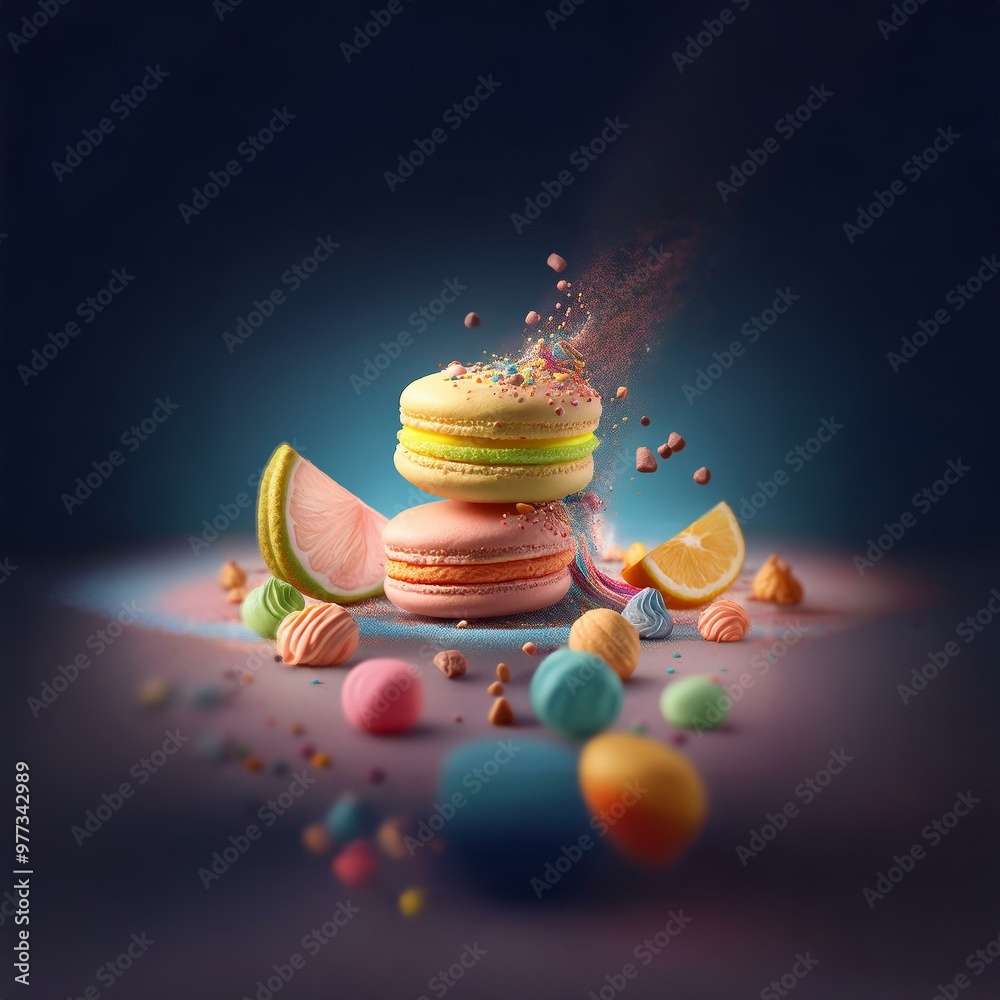 Poster Macarons with sprinkles and citrus fruits explode in a burst of color.